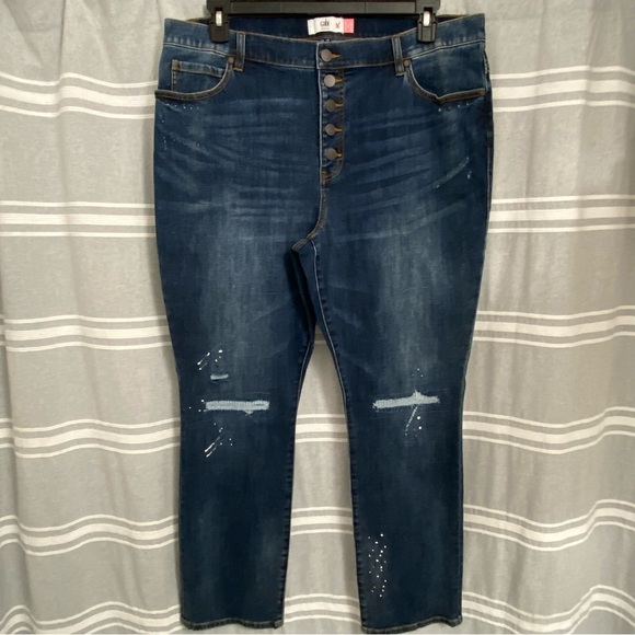 NWT CABI / Button Fly Straight Destressed Paint Splatter Jeans Size 18 - Picture 1 of 9